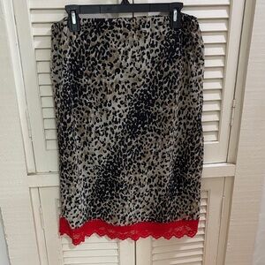 Leopard Print Slip Skirt with Red Lace Trim